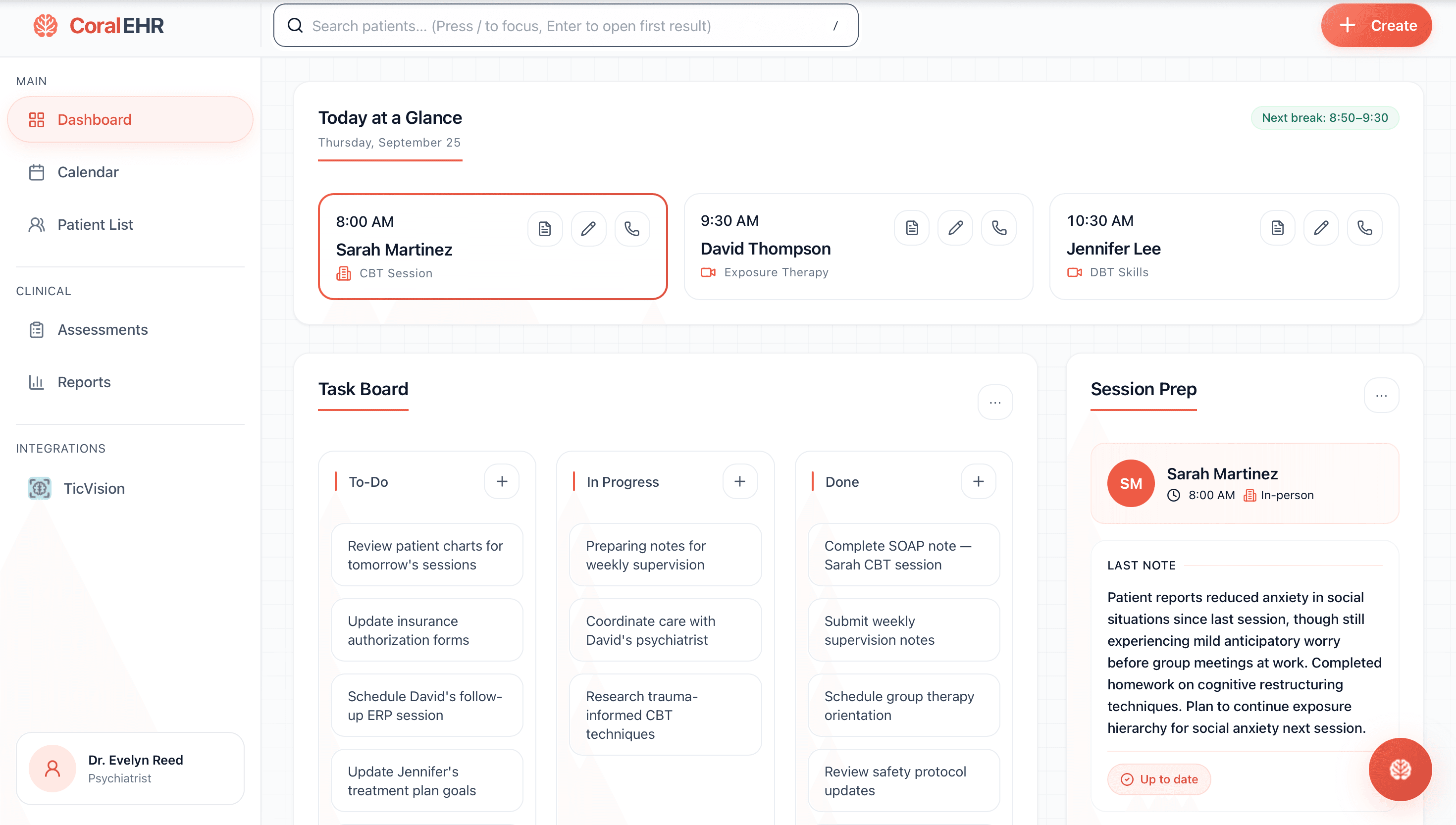 CoralEHR dashboard with schedule, task board, and session prep
