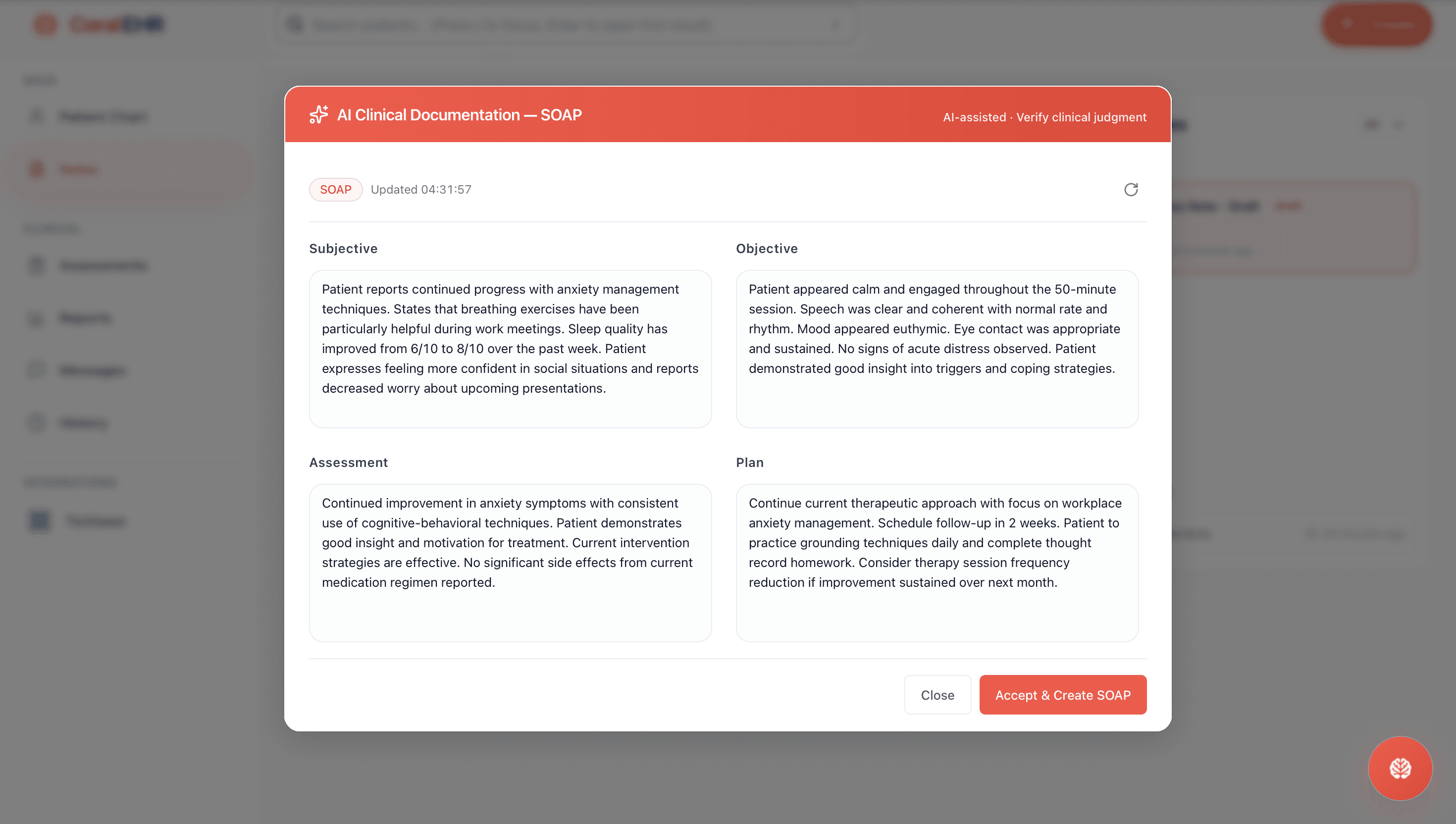 AI-assisted SOAP note modal with Subjective, Objective, Assessment, Plan