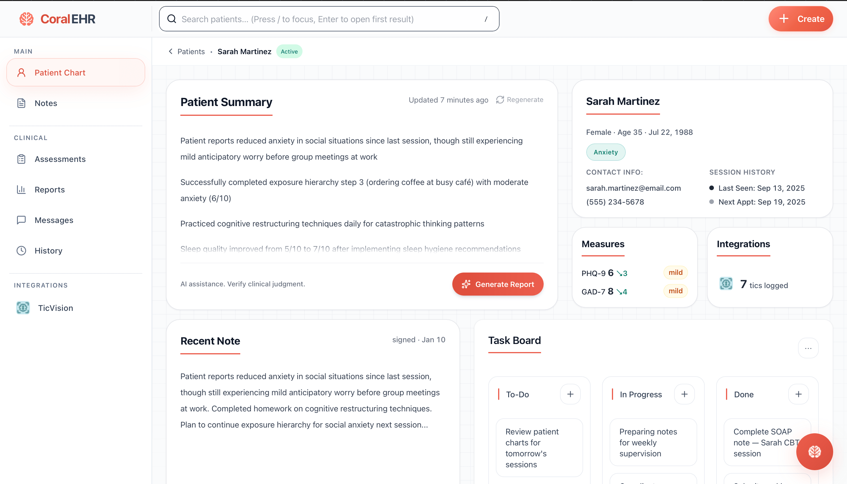 CoralEHR Patient Chart Dashboard - Sarah Martinez