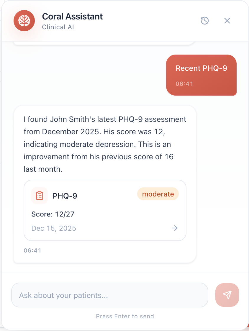 CoralEHR AI Assistant showing PHQ-9 assessment analysis